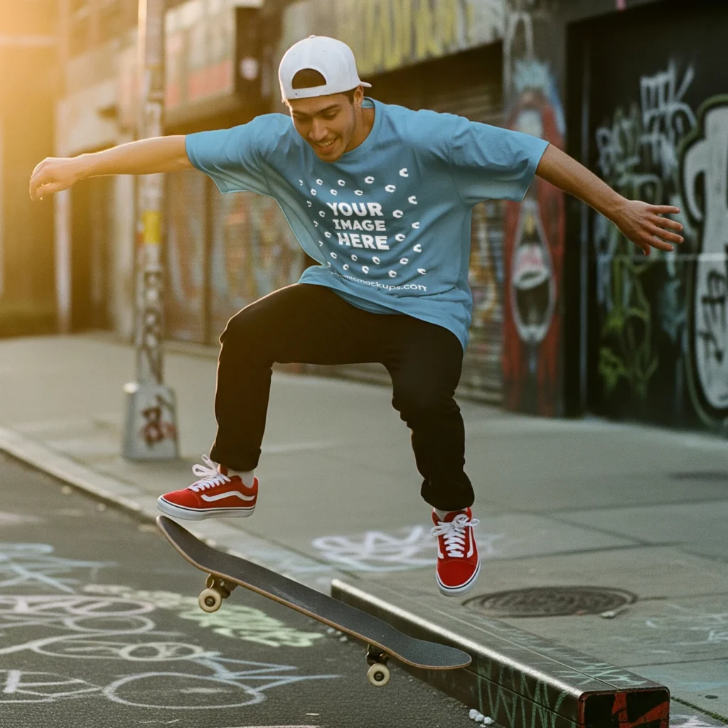 Man Wearing Sky Blue T-shirt Mockup Front View Template
