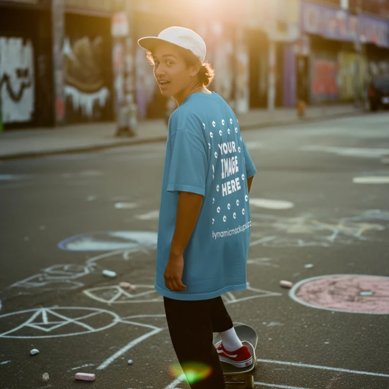 Man Wearing Sky Blue T-shirt Mockup Back View Template