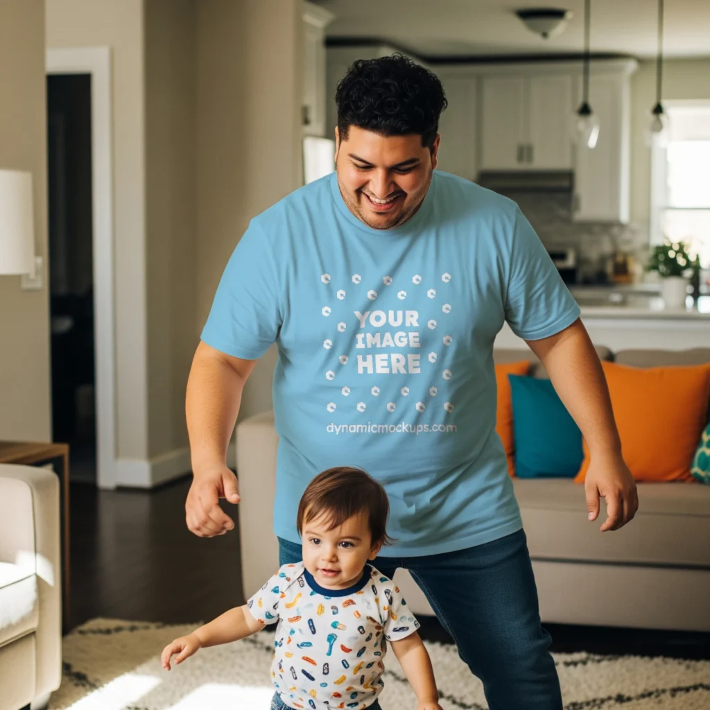 Man Wearing Sky Blue T-shirt Mockup Front View Template