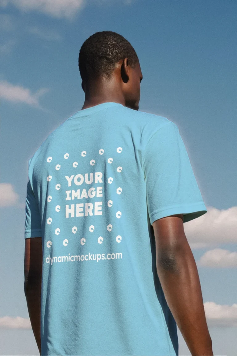 Man Wearing Sky Blue T-shirt Mockup Back View Template