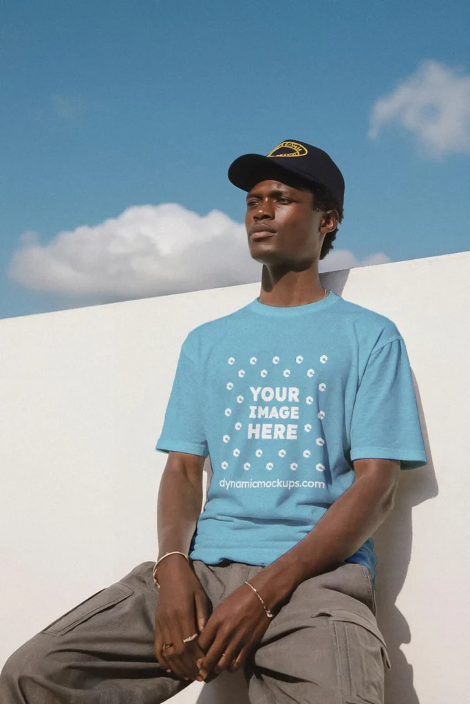 Man Wearing Sky Blue T-shirt Mockup Front View Template