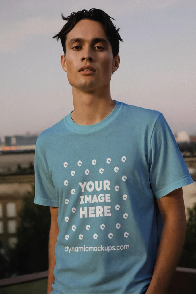 Man Wearing Sky Blue T-shirt Mockup Front View Template