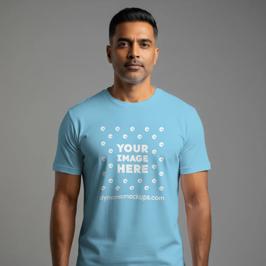 Man Wearing Sky Blue T-shirt Mockup Front View Template