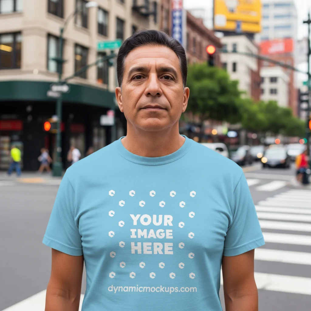 Man Wearing Sky Blue T-shirt Mockup Front View Template
