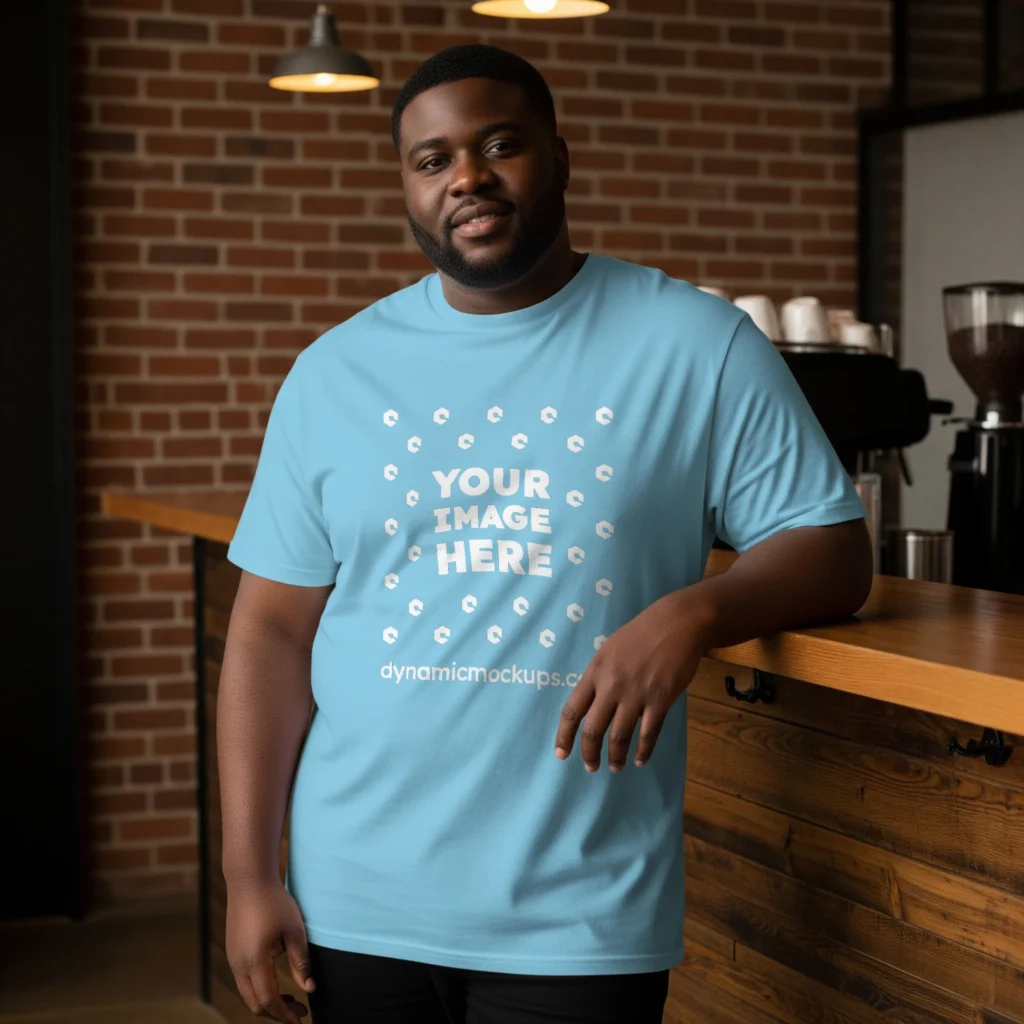 Man Wearing Sky Blue T-shirt Mockup Front View Template