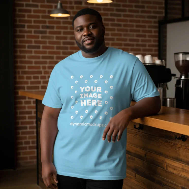 Man Wearing Sky Blue T-shirt Mockup Front View Template