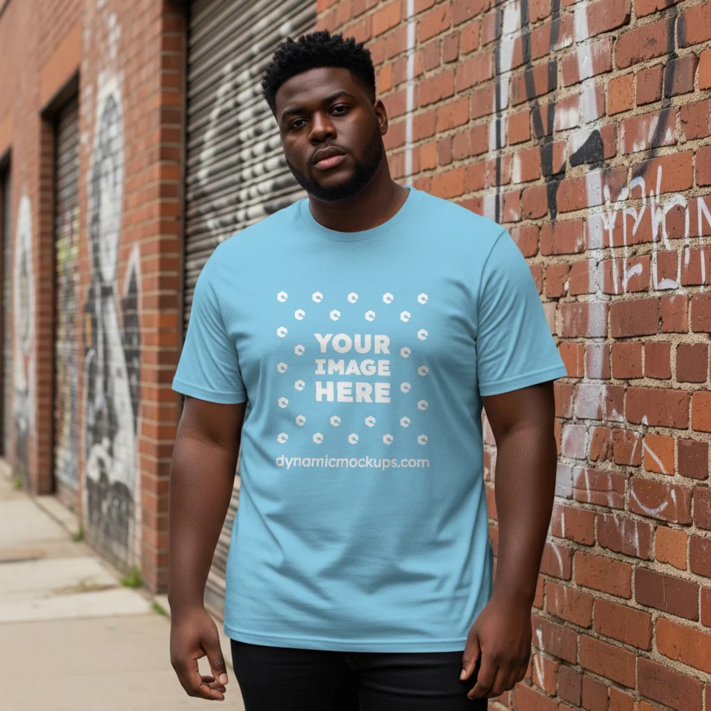 Man Wearing Sky Blue T-shirt Mockup Front View Template