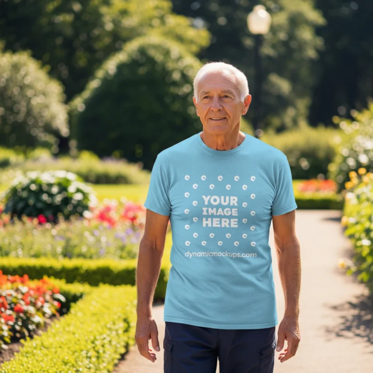 Man Wearing Sky Blue T-shirt Mockup Front View Template