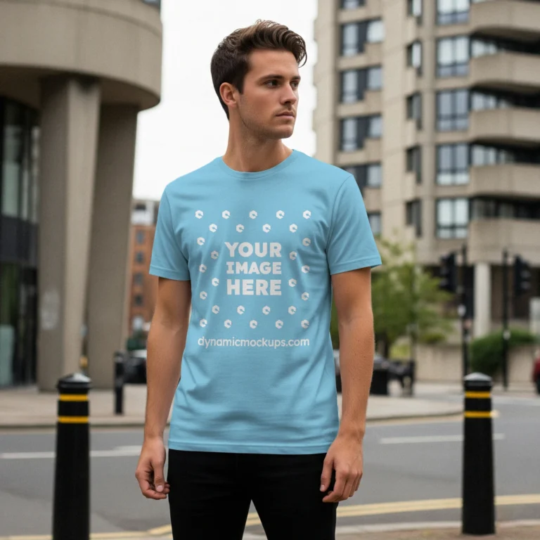 Man Wearing Sky Blue T-shirt Mockup Front View Template