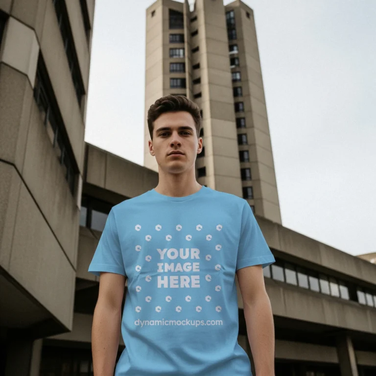 Man Wearing Sky Blue T-shirt Mockup Front View Template