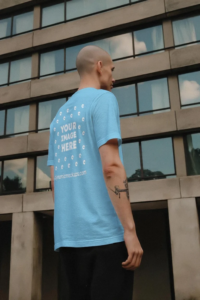 Man Wearing Sky Blue T-shirt Mockup Side View Template
