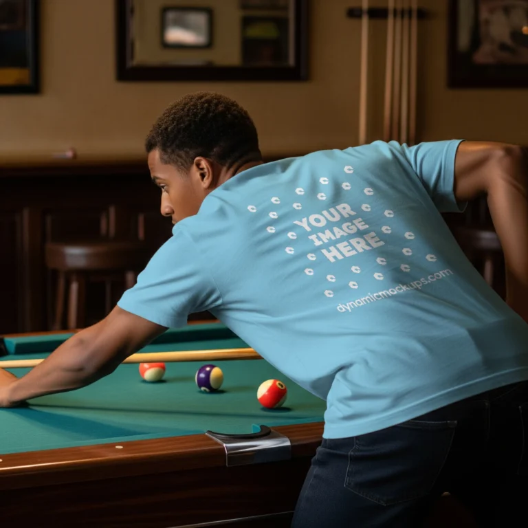 Man Wearing Sky Blue T-shirt Mockup Back View Template