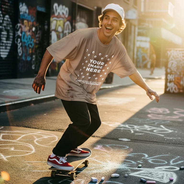 Man Wearing Tan T-shirt Mockup Front View Template