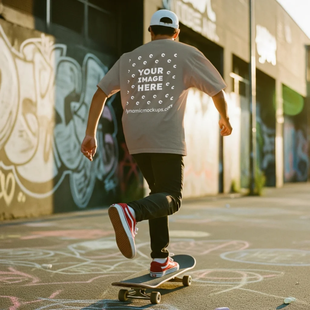 Man Wearing Tan T-shirt Mockup Back View Template