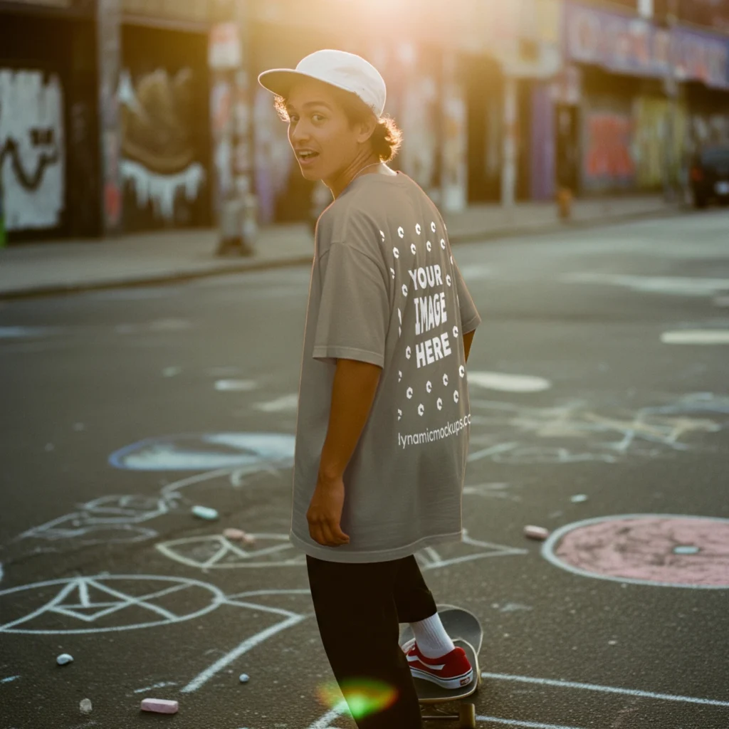 Man Wearing Tan T-shirt Mockup Back View Template