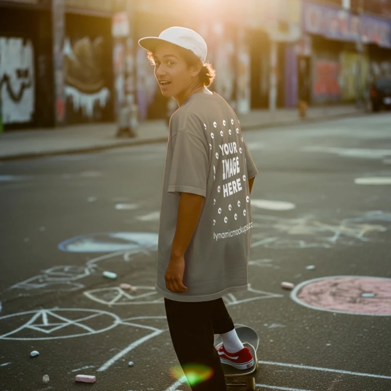 Man Wearing Tan T-shirt Mockup Back View Template