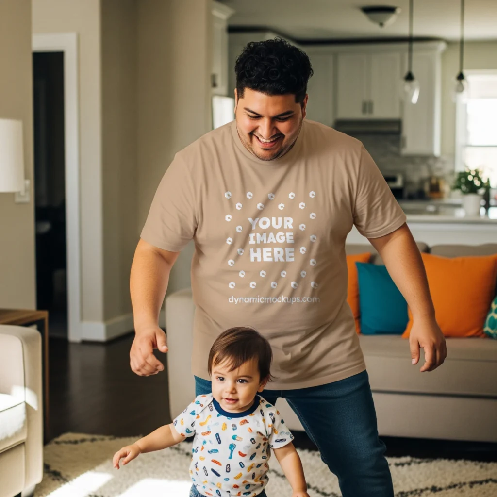Man Wearing Tan T-shirt Mockup Front View Template