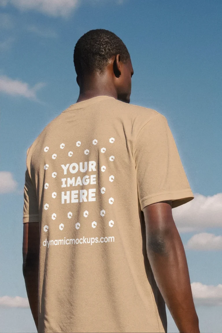 Man Wearing Tan T-shirt Mockup Back View Template
