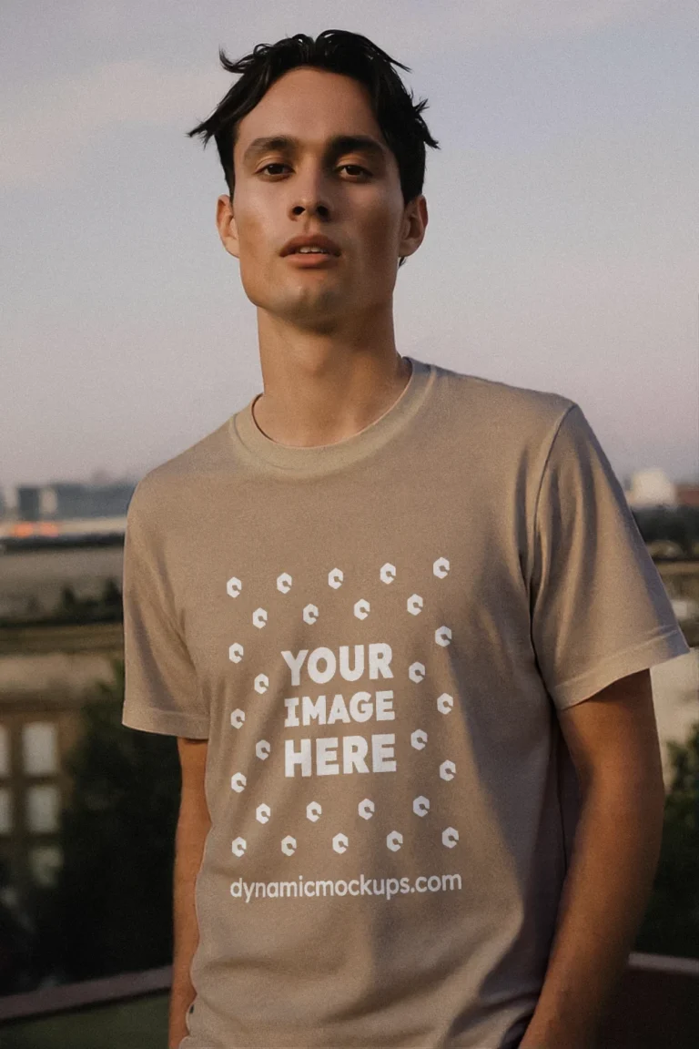 Man Wearing Tan T-shirt Mockup Front View Template