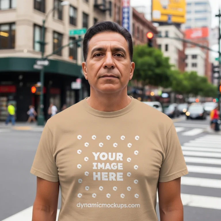 Man Wearing Tan T-shirt Mockup Front View Template