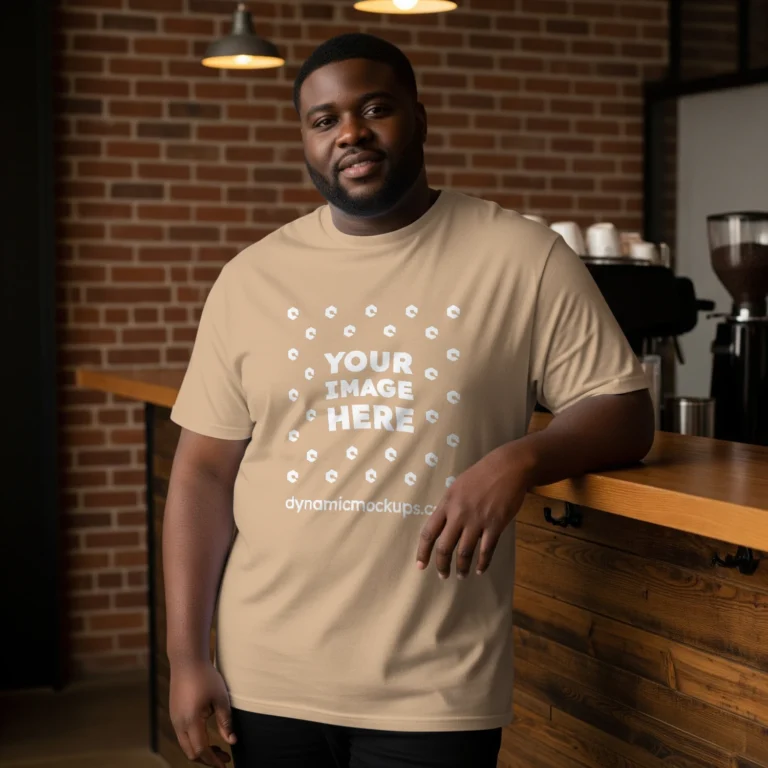Man Wearing Tan T-shirt Mockup Front View Template
