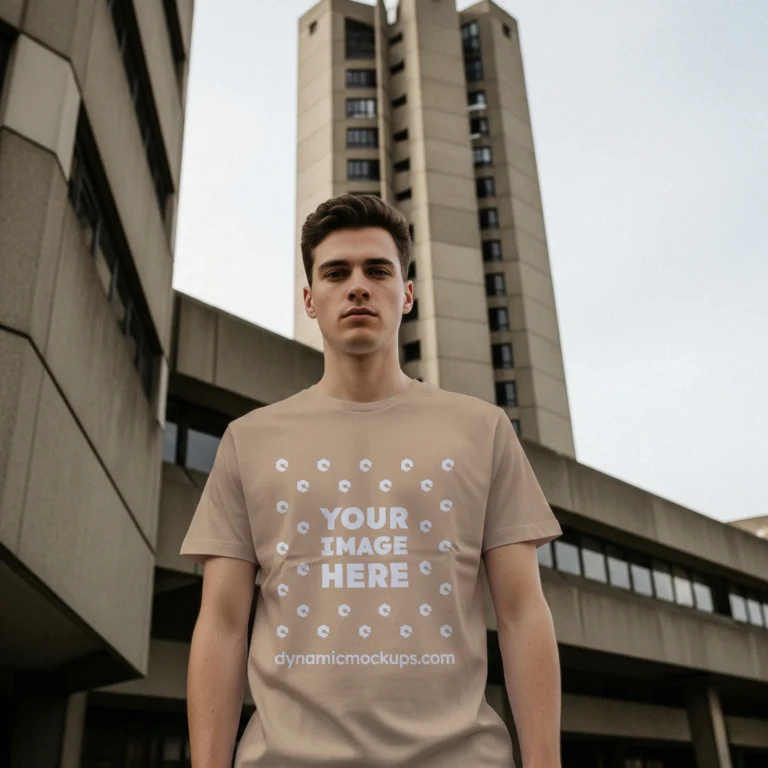Man Wearing Tan T-shirt Mockup Front View Template