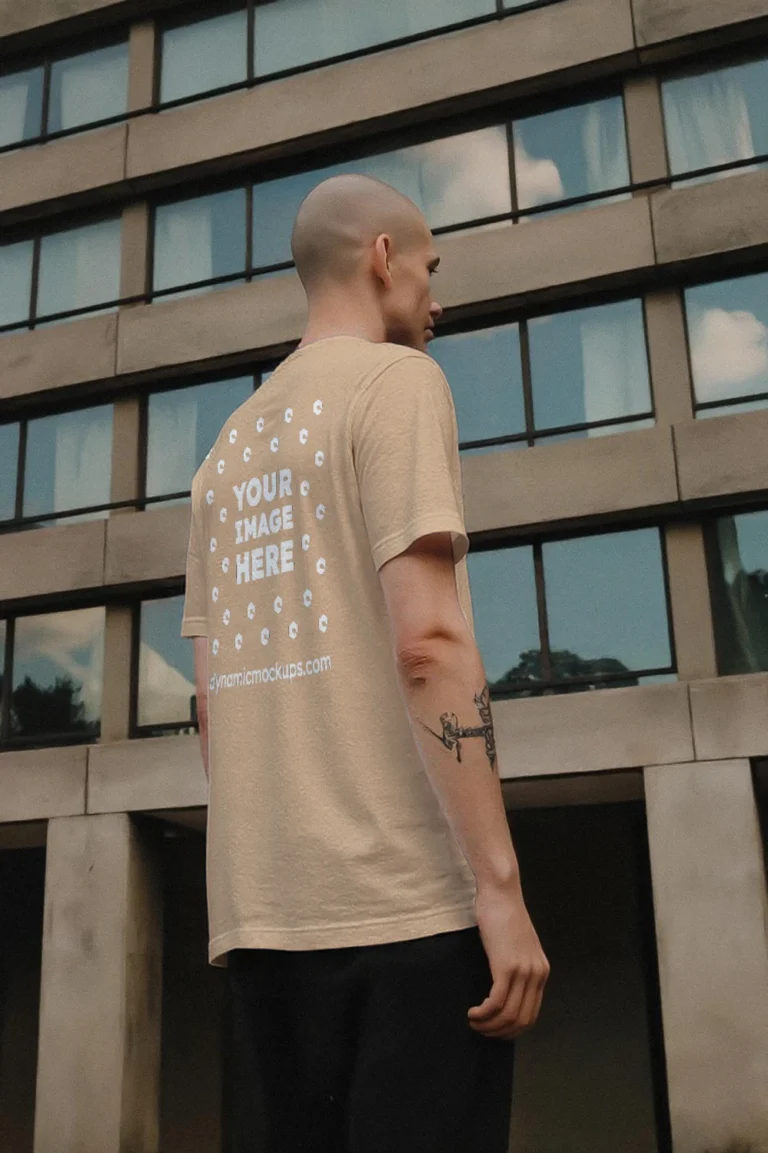 Man Wearing Tan T-shirt Mockup Side View Template