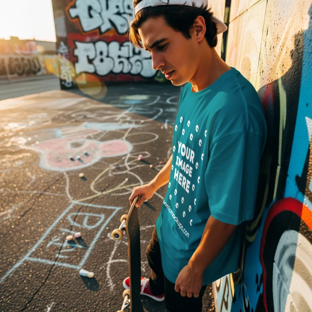 Man Wearing Teal T-shirt Mockup Front View Template