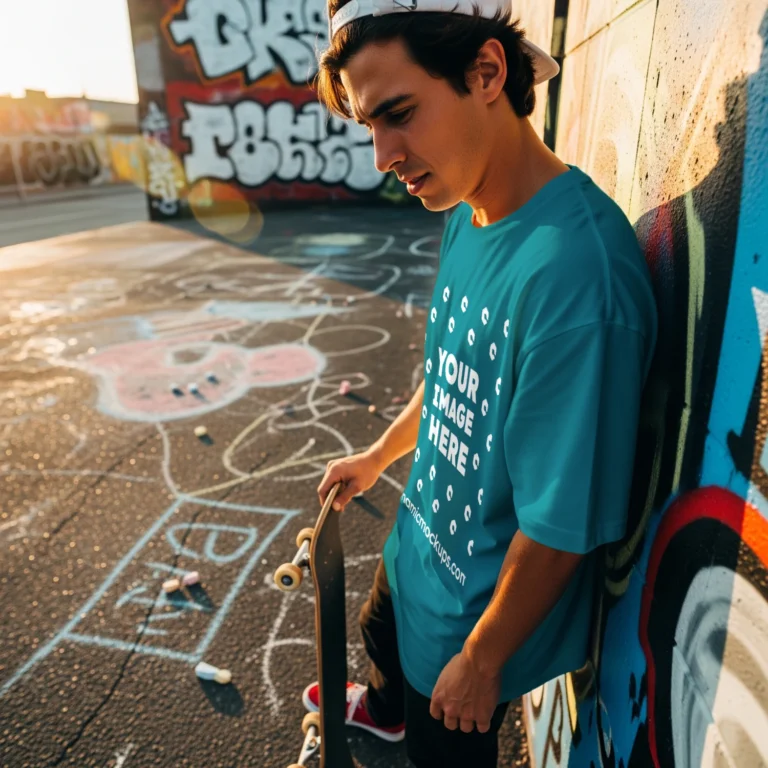 Man Wearing Teal T-shirt Mockup Front View Template