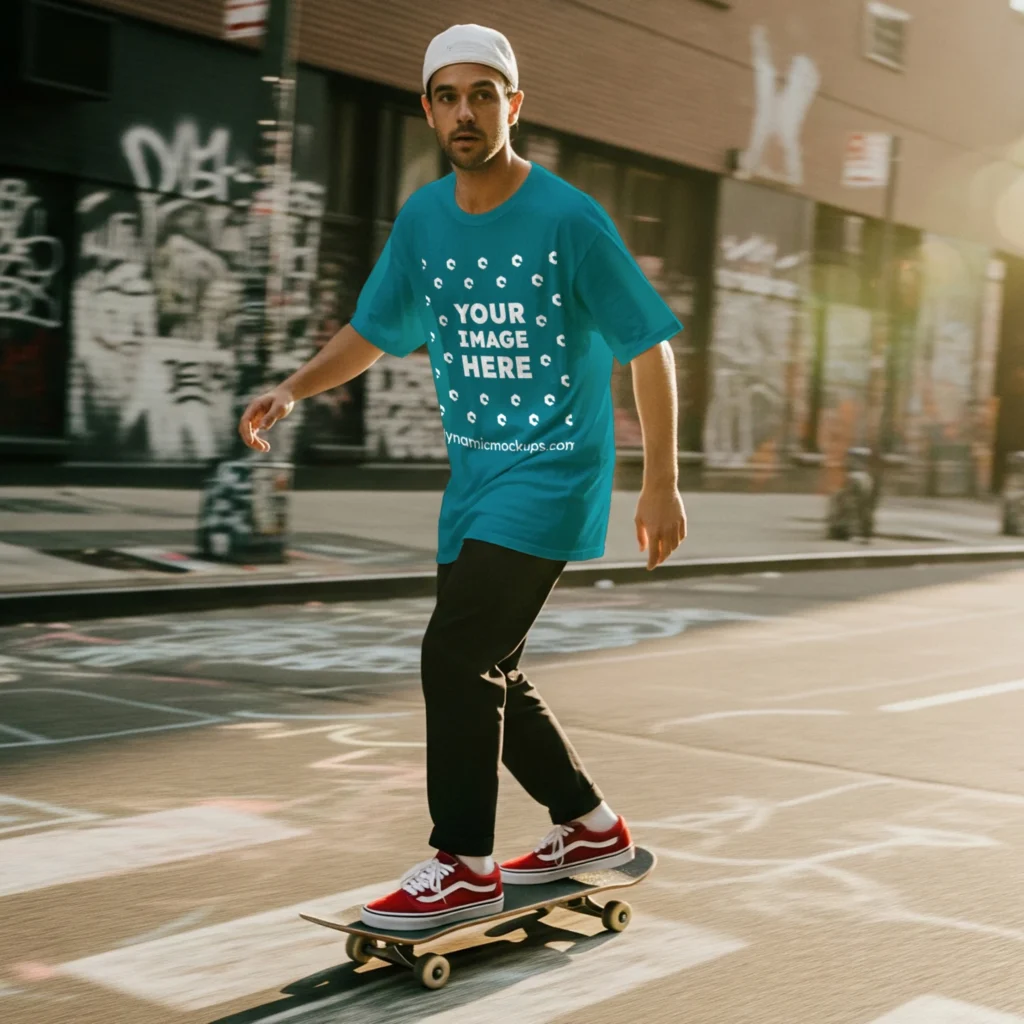 Man Wearing Teal T-shirt Mockup Front View Template