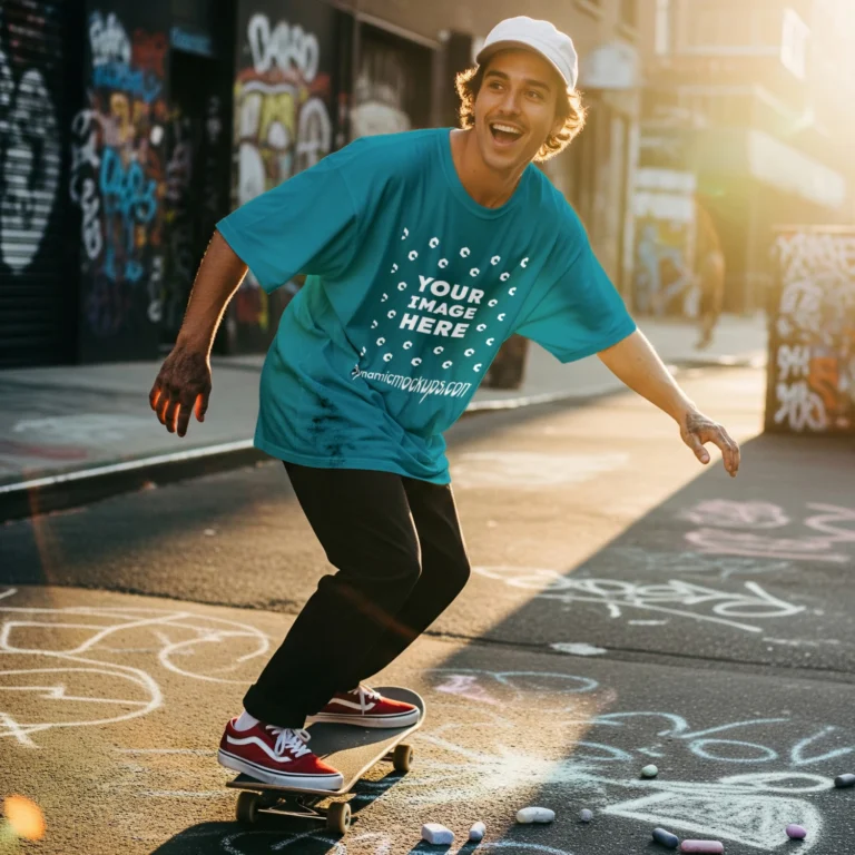 Man Wearing Teal T-shirt Mockup Front View Template