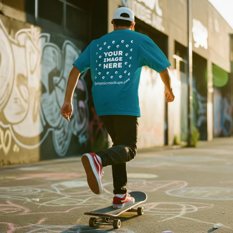 Man Wearing Teal T-shirt Mockup Back View Template