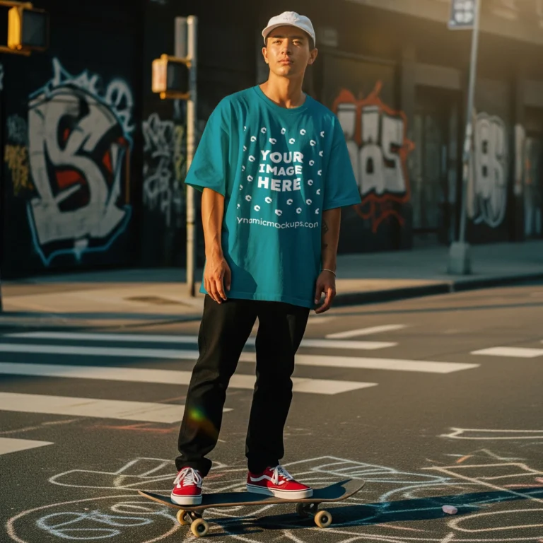 Man Wearing Teal T-shirt Mockup Front View Template