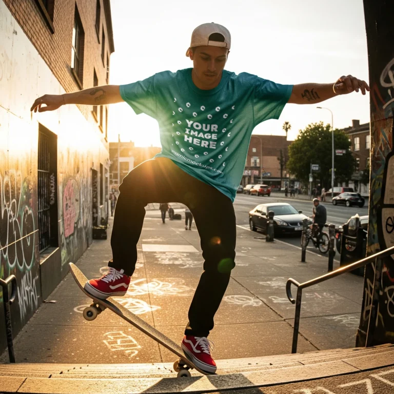 Man Wearing Teal T-shirt Mockup Front View Template