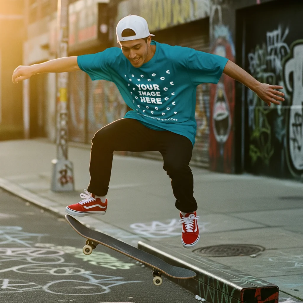 Man Wearing Teal T-shirt Mockup Front View Template