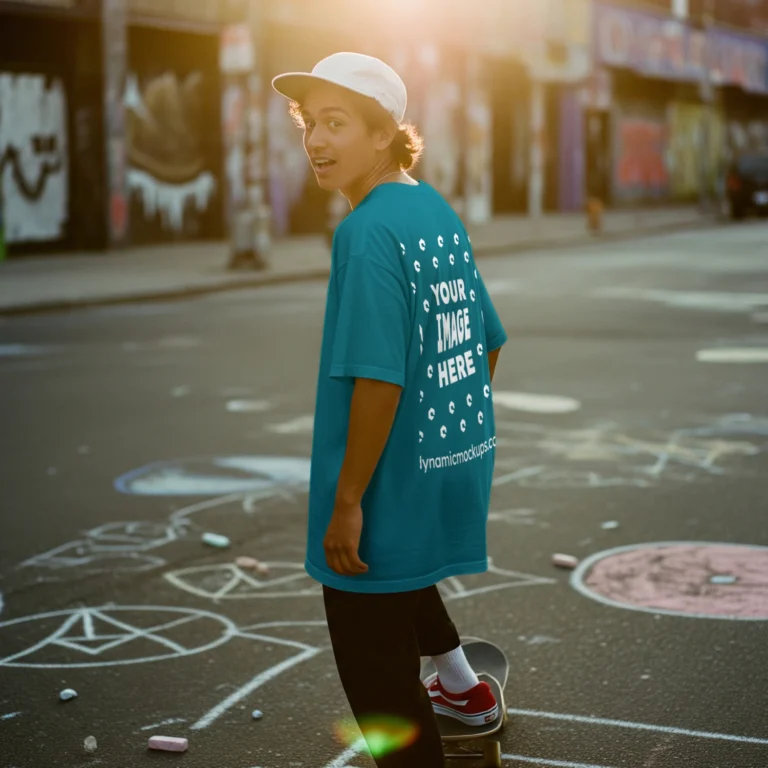 Man Wearing Teal T-shirt Mockup Back View Template