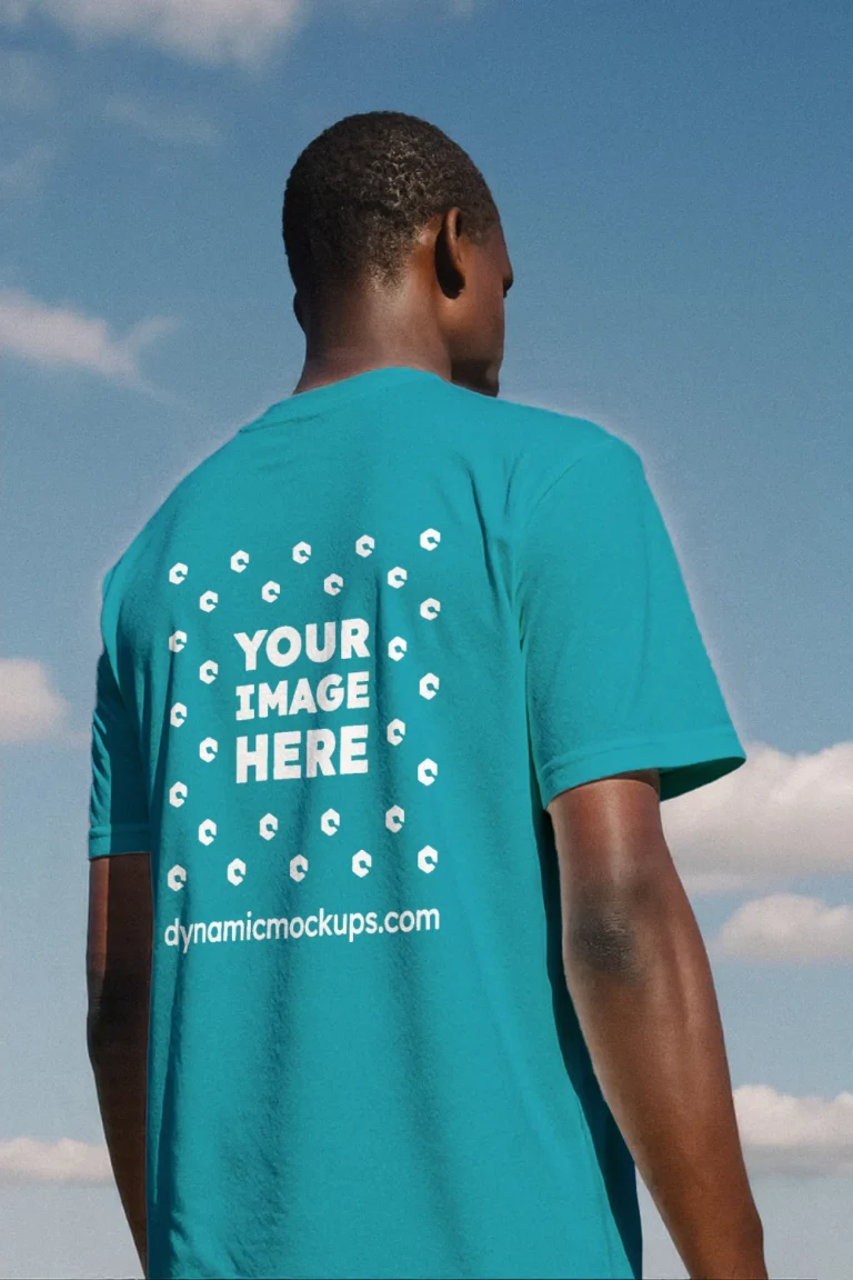 Man Wearing Teal T-shirt Mockup Back View Template