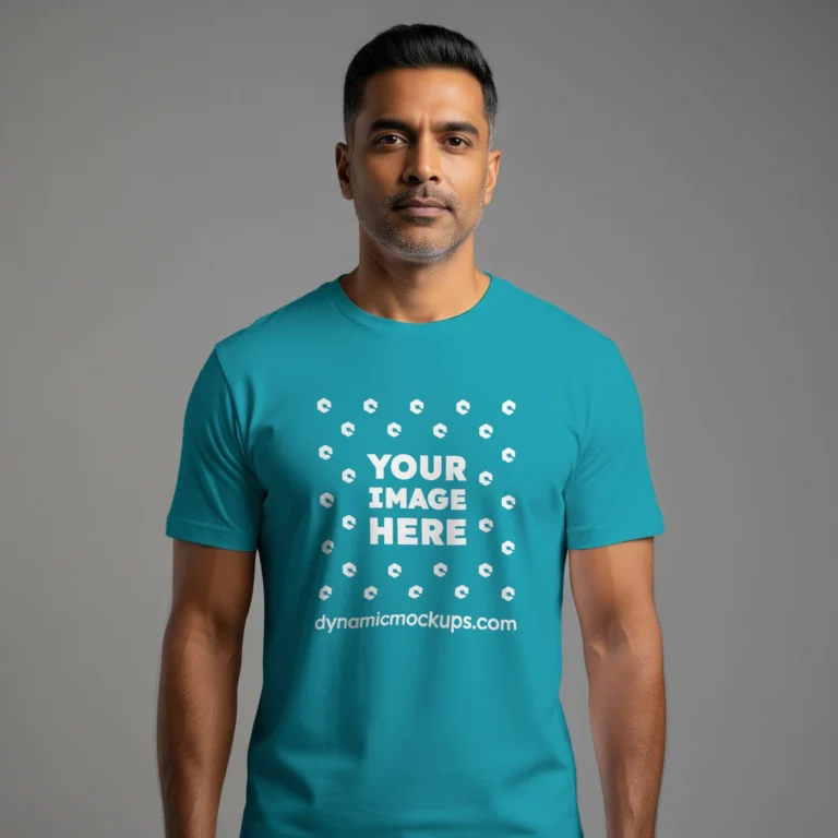 Man Wearing Teal T-shirt Mockup Front View Template