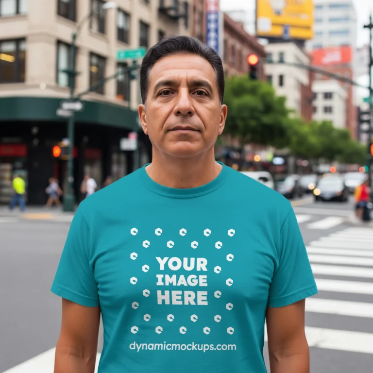 Man Wearing Teal T-shirt Mockup Front View Template