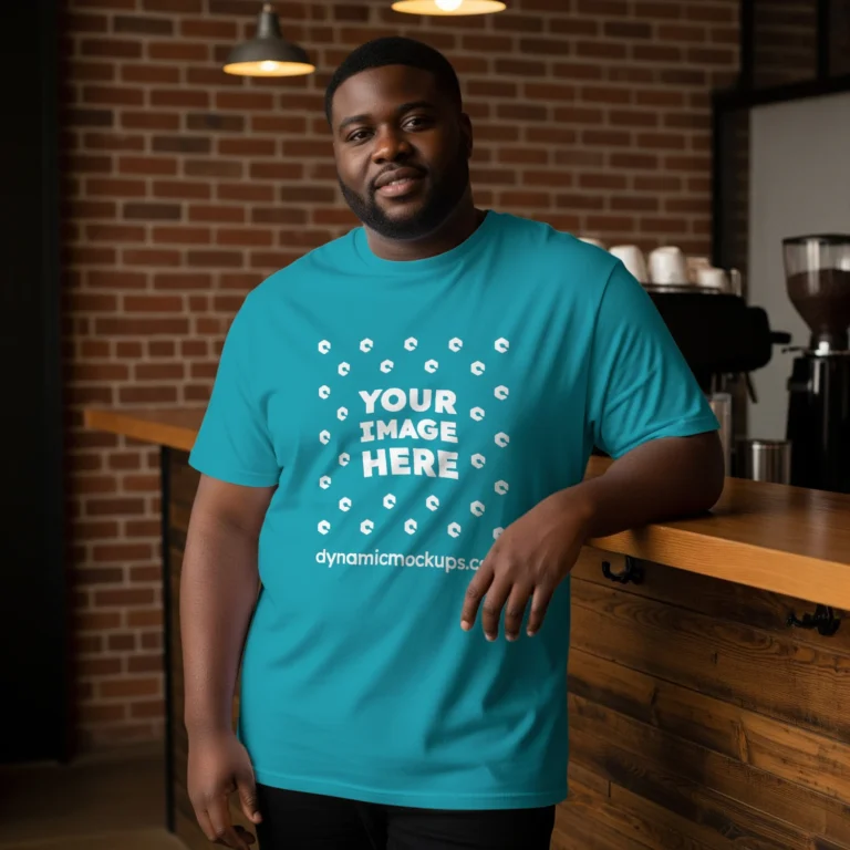 Man Wearing Teal T-shirt Mockup Front View Template