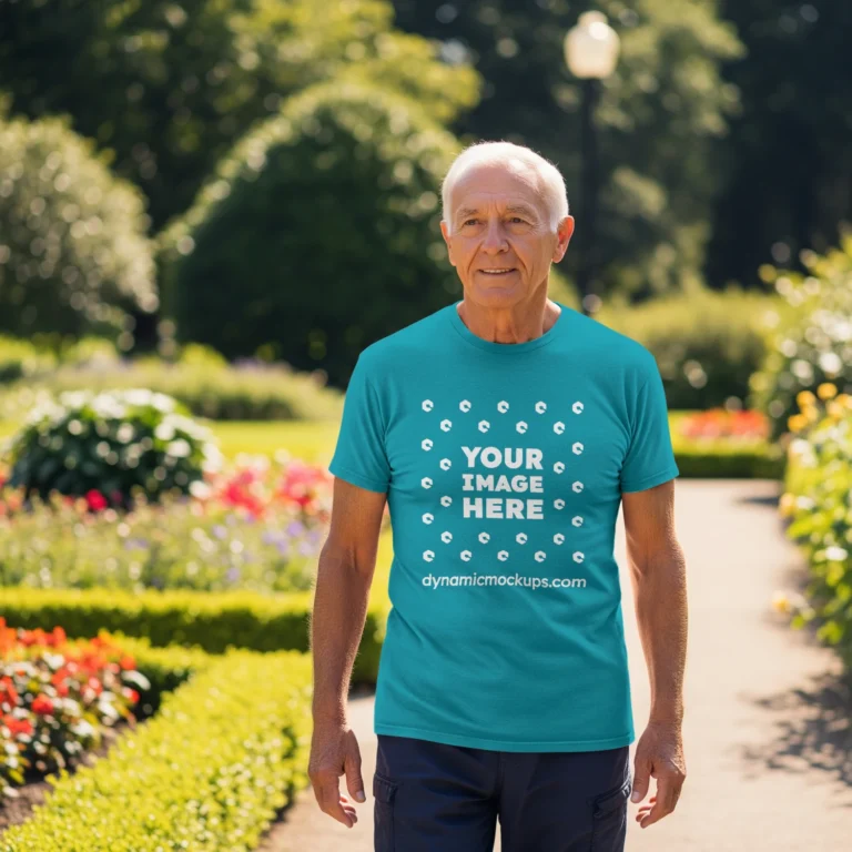 Man Wearing Teal T-shirt Mockup Front View Template