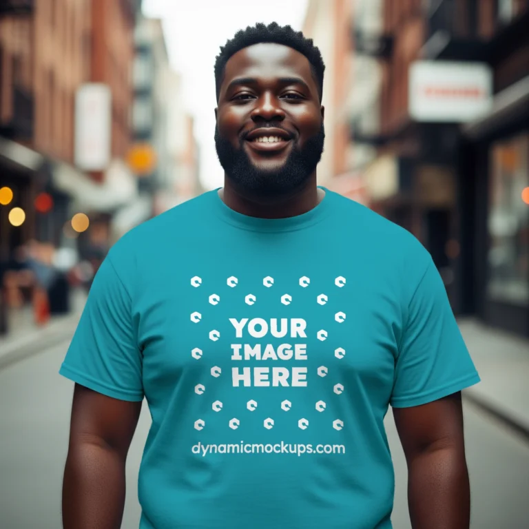 Man Wearing Teal T-shirt Mockup Front View Template