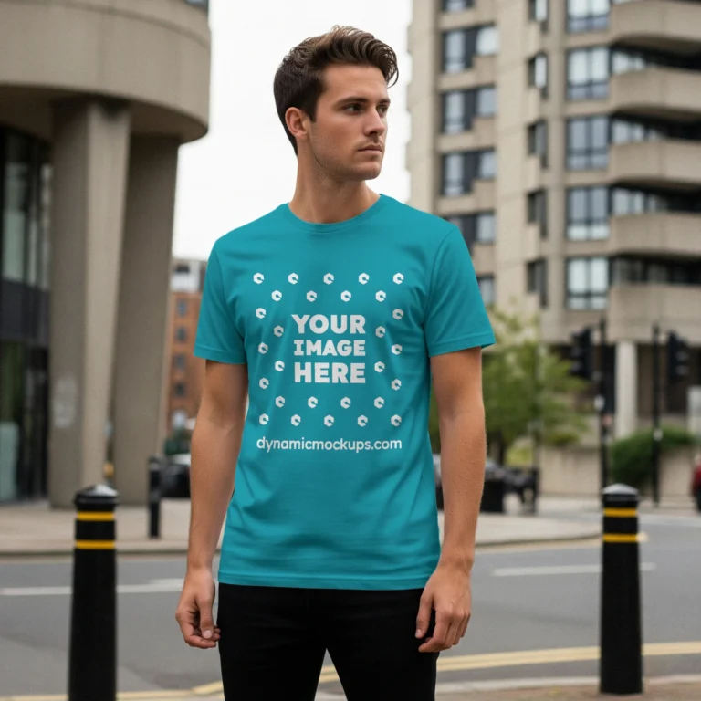 Man Wearing Teal T-shirt Mockup Front View Template
