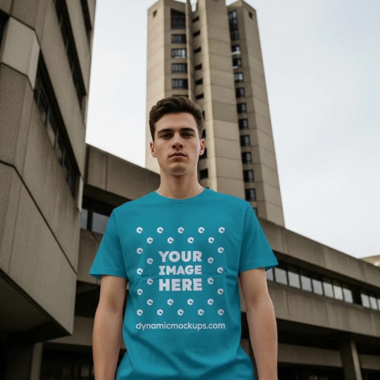 Man Wearing Teal T-shirt Mockup Front View Template