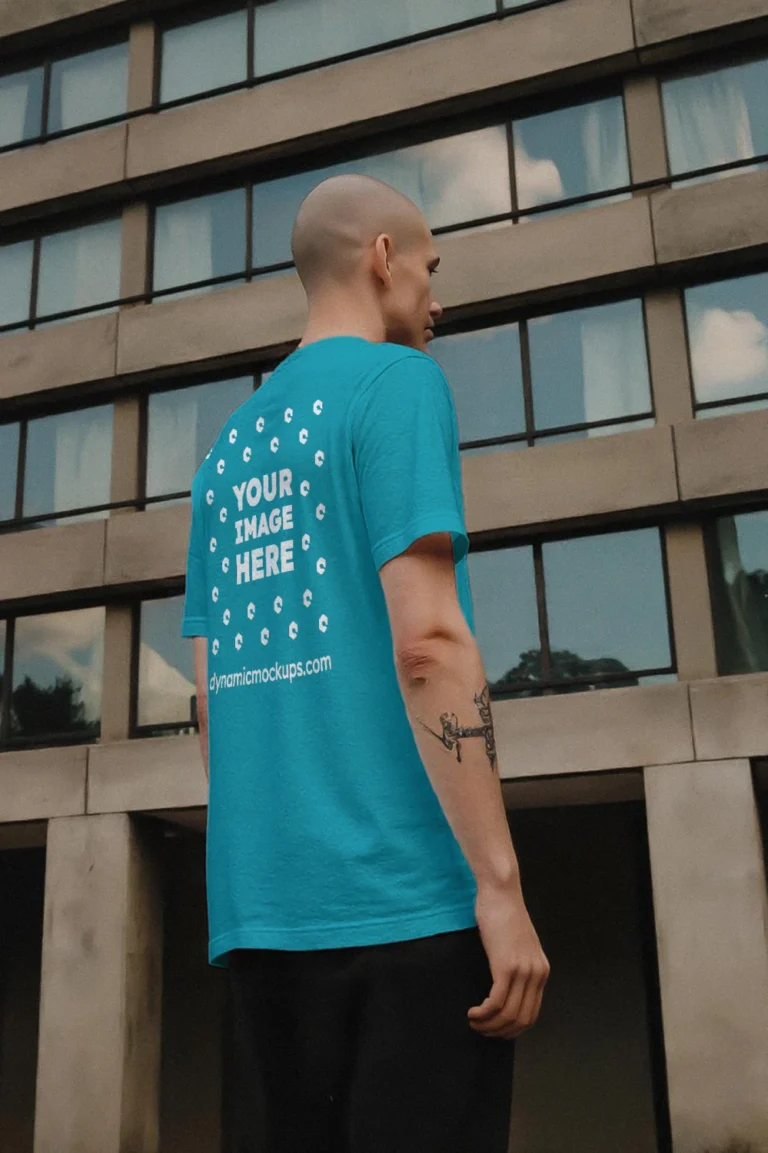 Man Wearing Teal T-shirt Mockup Side View Template