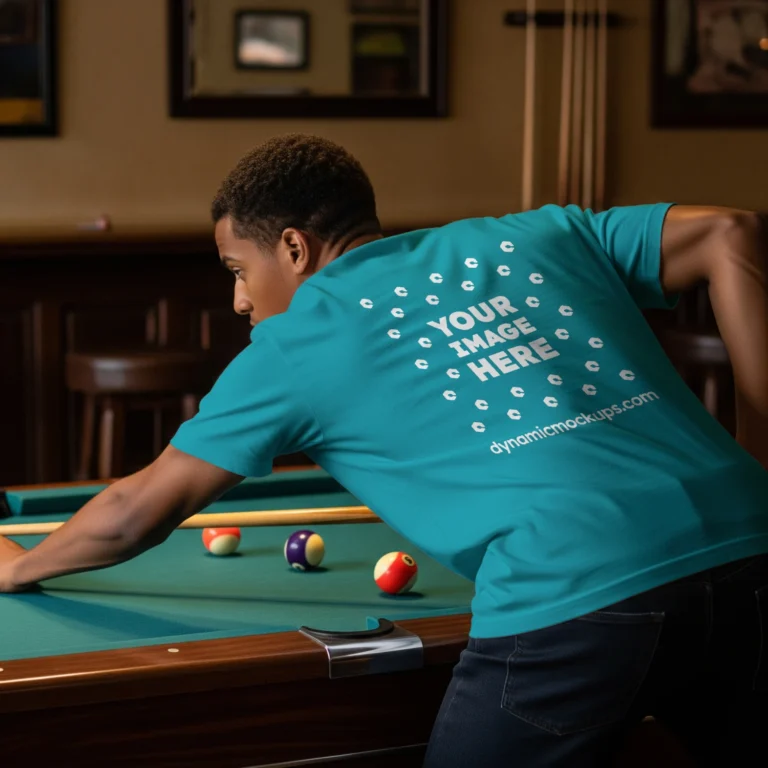 Man Wearing Teal T-shirt Mockup Back View Template
