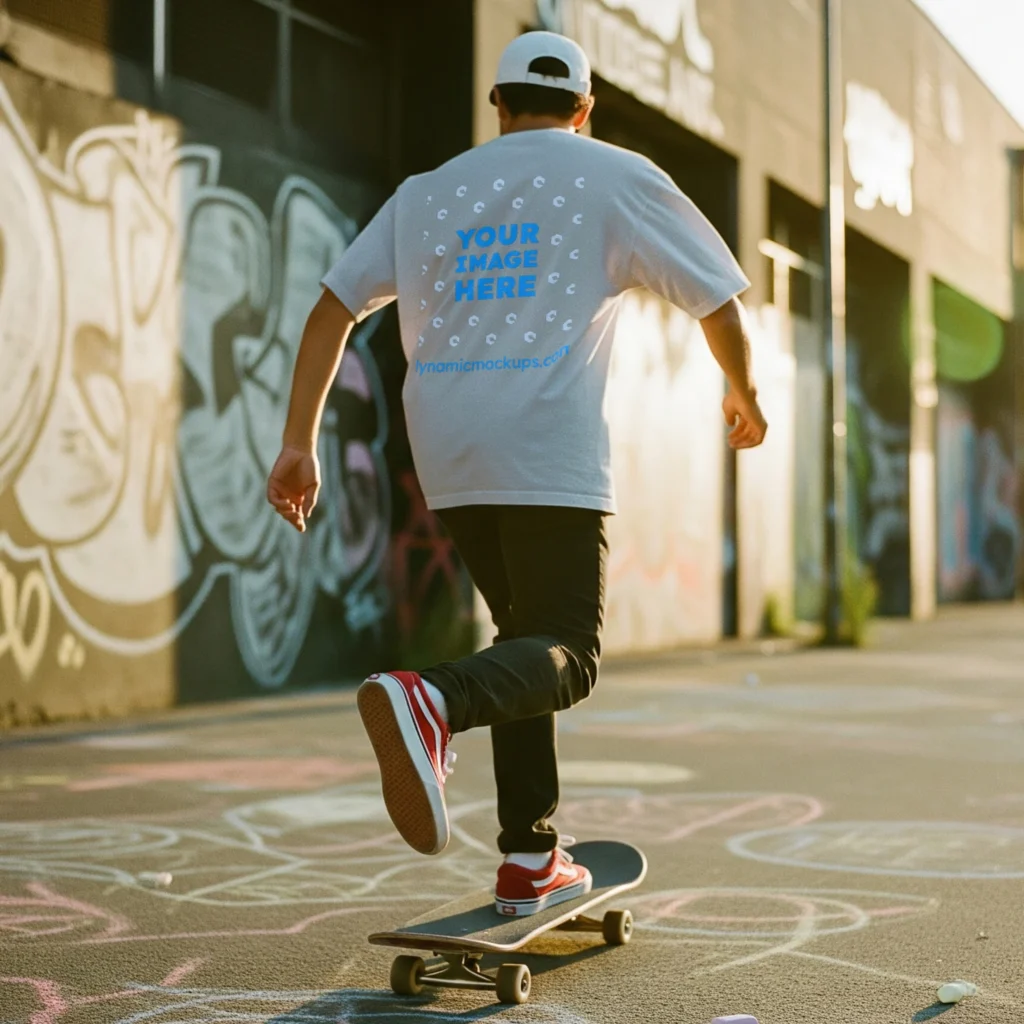 Man Wearing White T-shirt Mockup Back View Template