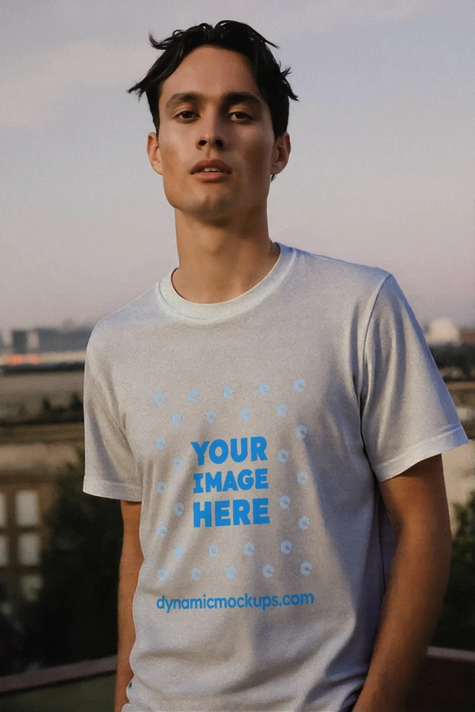 Man Wearing White T-shirt Mockup Front View Template