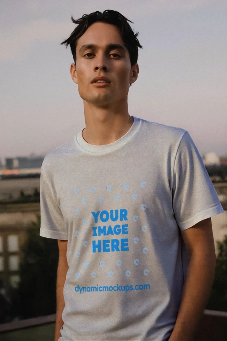 Man Wearing White T-shirt Mockup Front View Template