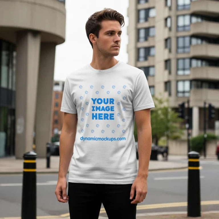 Man Wearing White T-shirt Mockup Front View Template